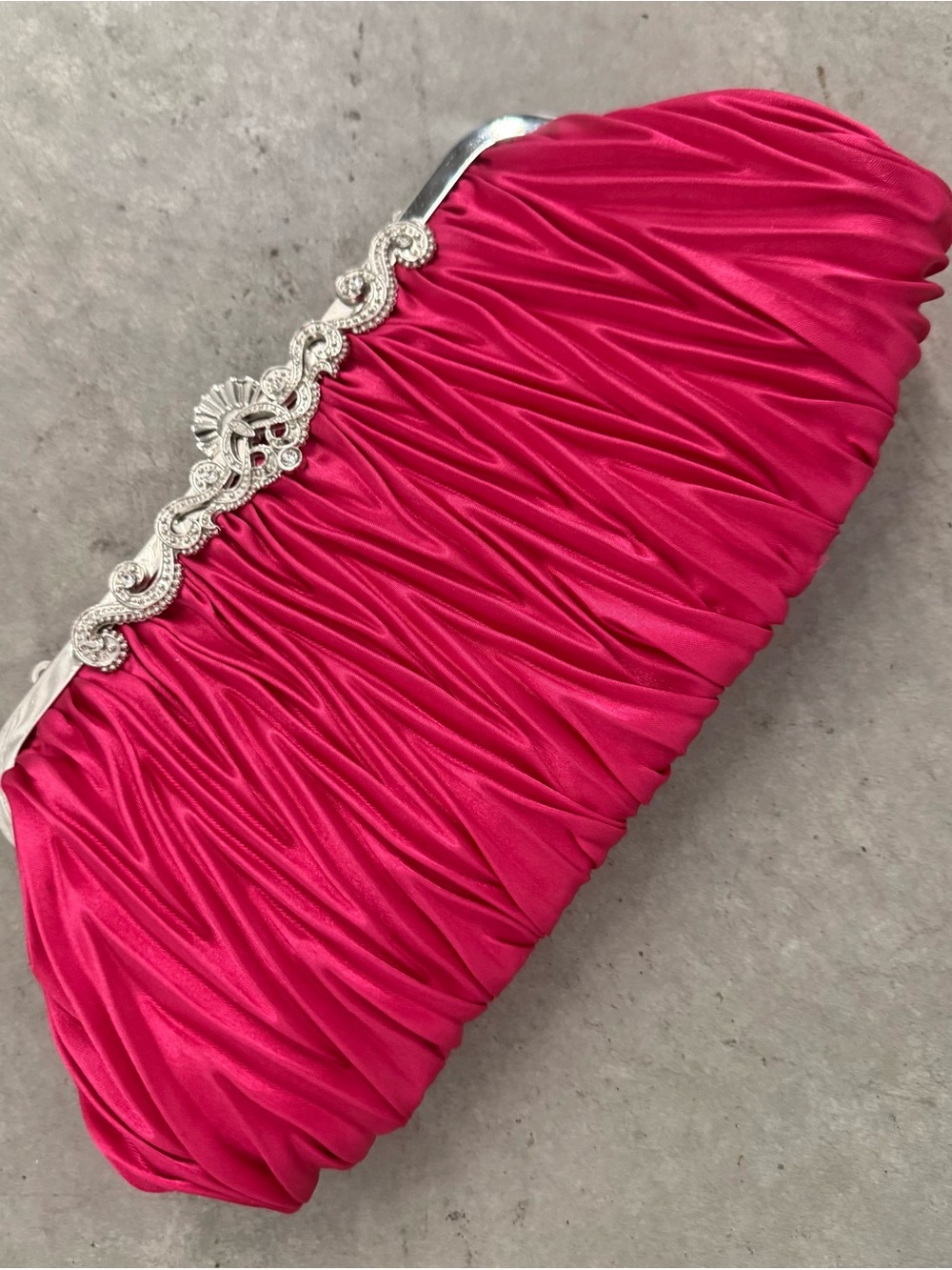Hot Pink Satin Evening Clutch with Silverplate Trim and Rhinestone Accents